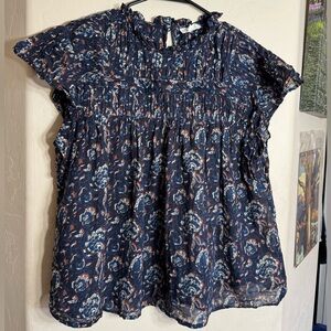 M.A.B.E. 100% Cotton Navy Floral Ruffle Boho Blouse Top Size Large
